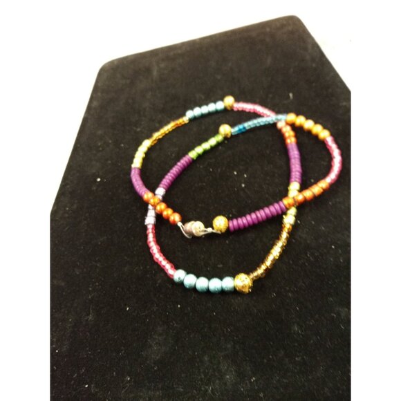 Handmade Rainbow & Gold Color Blocked Glass Bead Necklace Bracelet Earrings Set - Picture 4 of 4